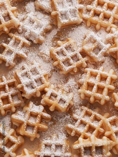 Fototapeta A mouthwatering image of a plate filled with freshly made waffles and generously dusted with powdered sugar.