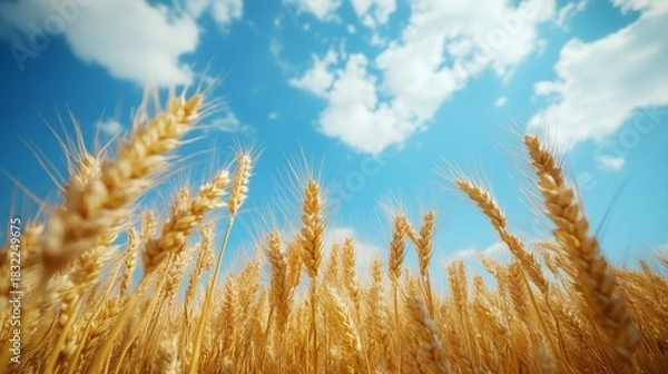 Fototapeta Close-up of tall golden wheat stalks against clear blue background with fluffy white clouds. Agricultural scene ideal for food and farming themes.
