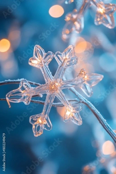 Fototapeta A set of LED snowflake lights with a twinkling effect. The photo is taken from an upward angle, highlighting the intricate design and shine of the lights against a soft blue background.