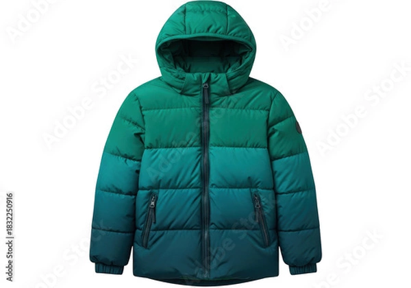 Fototapeta Green and blue ombre puffer jacket for child with hood and zipper closure, isolated on transparent background