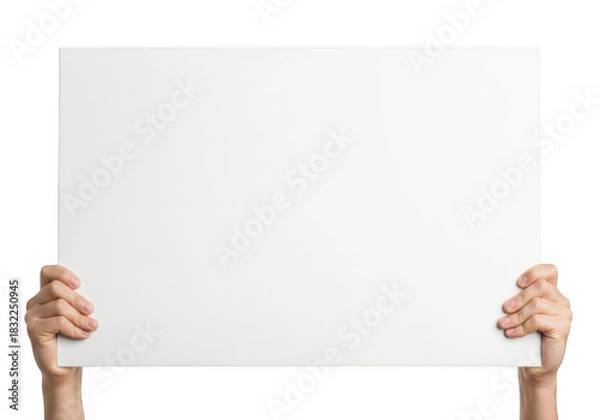 Fototapeta Two hands holding up a blank white rectangular sign or board isolated on transparent background