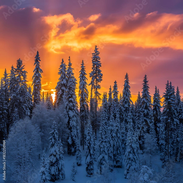 Fototapeta Snow covered pine trees under a fiery sunset sky