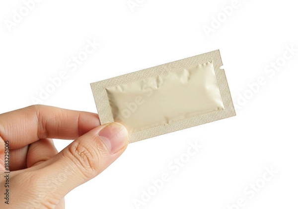 Fototapeta Hand holding a small, sealed singleuse sachet or sample packet of cream or cosmetic product, isolated on transparent background