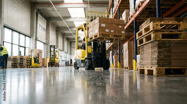 Obraz Forklift loading pallets onto shelves in a bright, spacious warehouse.