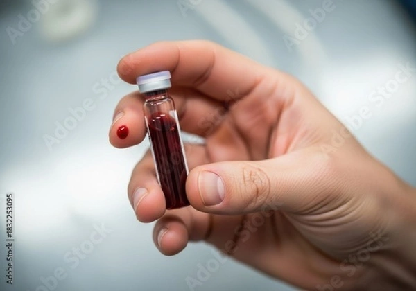 Fototapeta Portrait of a confident male doctor wearing a white lab coat and a red ribbon pin in a modern hospital corridor