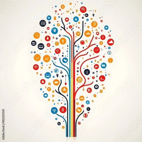 Obraz Abstract tree illustration with social media icons and network connections concept design