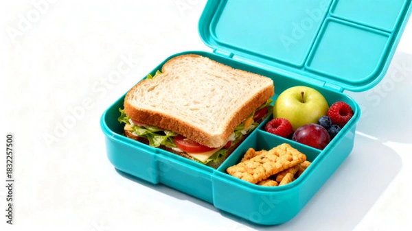 Obraz Healthy Packed Lunchbox with Sandwich, Fruit, and Snacks