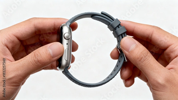 Obraz Hands Holding a Silver Apple Watch with Grey Sport Band