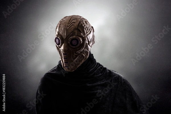 Obraz Robot android over dark misty background with clipping path