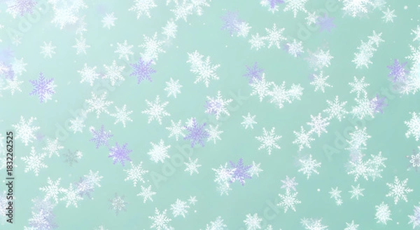 Fototapeta Gentle light blue and mint gradient background with soft focus falling white and purple snowflakes creating serene winter mood