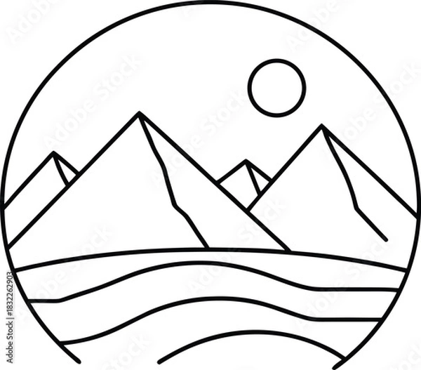 Obraz Minimalist line art illustration of mountains and sun. isolated on transparent background