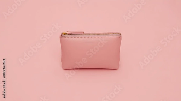 Fototapeta A small soft pink leather coin purse with a zipper closure sits isolated on a pastel pink background
