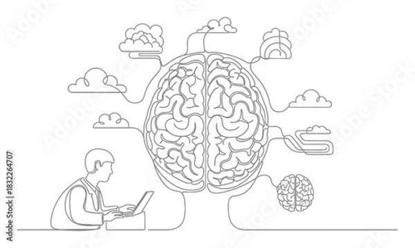 Fototapeta Continuous Line Art Brain Learning Process, Minimalist Single Line Drawing Illustration
