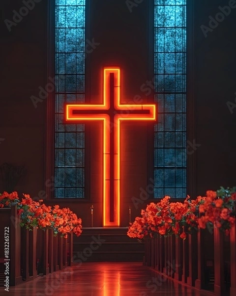 Fototapeta Neon cross church interior with red flowers and stained glass windows for religious backgrounds and design