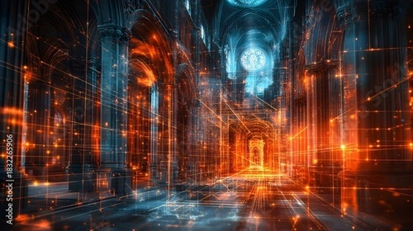 Obraz Futuristic cathedral architecture digital art glowing lines and particles abstract tech design wallpaper
