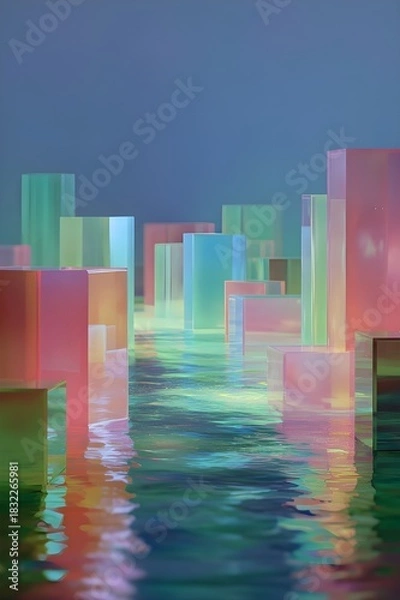 Obraz pastel glowing geometric structures rising from reflective water abstract background