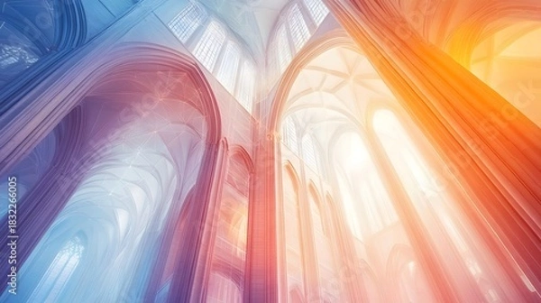 Fototapeta Architecture interior design cathedral arches windows light and shadow artistic rendering style art