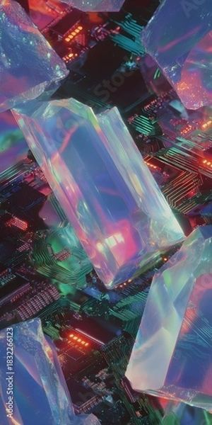 Obraz iridescent crystal structures over glowing circuit board modern tech background