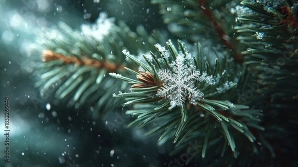 Obraz snowflakes on pine needles macro shot,