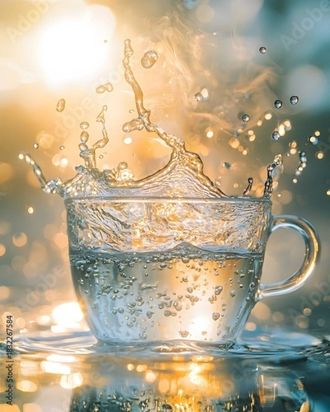 Obraz Clear glass cup filled with splashing water drink refreshing hydration liquid beverage photography