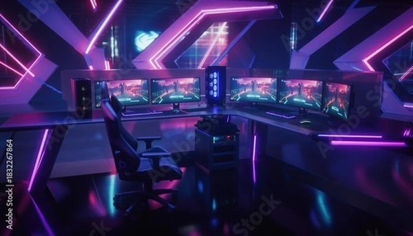 Fototapeta Cyberpunk Gaming Hub: A cutting-edge gaming setup bathed in neon light, complete with multiple monitors, comfortable chair, and high-tech components, ready for immersive gameplay.