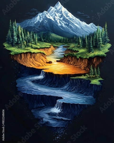 Fototapeta Floating island landscape with mountain river and waterfall scenic nature illustration art design