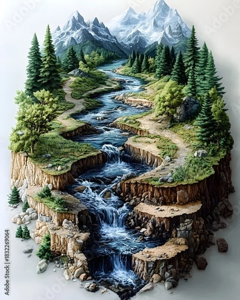 Obraz Beautiful mountain river landscape with waterfalls and trees scenic nature photography art print decor