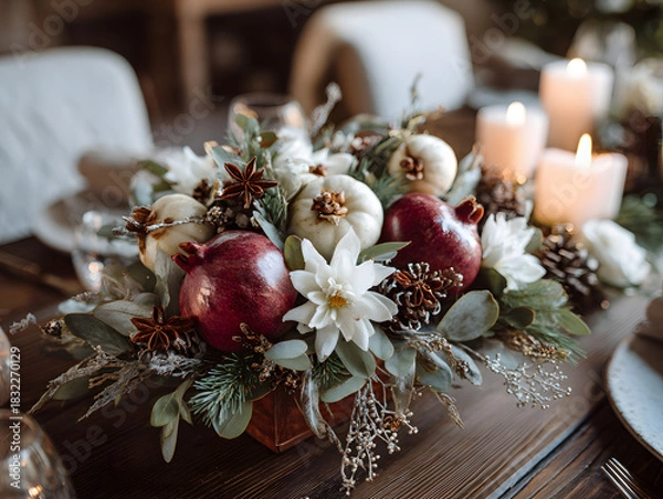 Fototapeta Festive holiday bouquet featuring pomegranates, dried apples, star anise, pinecones, and eucalyptus, glowing under soft candlelight on a rustic wooden table	