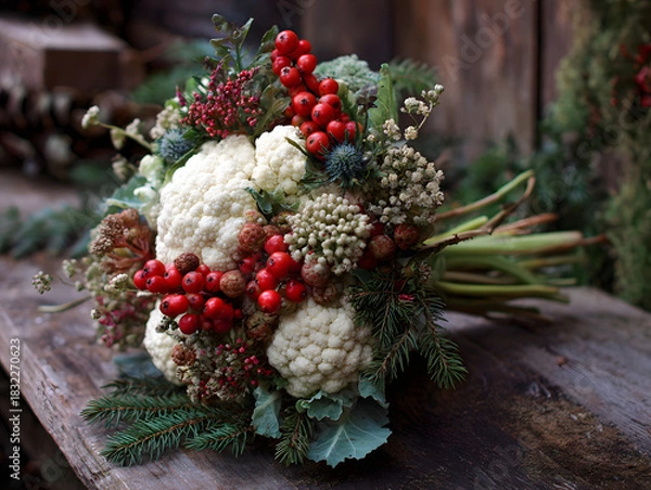 Fototapeta Rustic winter bouquet featuring snowy white cauliflower, red currants, fir branches, and dried seed pods in a festive blush and green color palette.