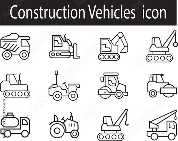 Fototapeta construction icons set. vector line art of construction vehicles . dump truck, pilling car, crane, bulldozer etc linear icon