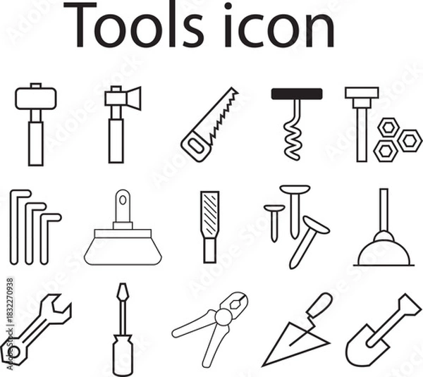 Fototapeta tools icon set linear vector icon design. ax, hammer, hand saw, screw, nails etc line art icon design