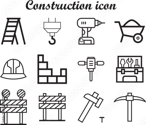 Fototapeta construction icons set line art vector design. vector art of ladder, hammer, safety helmet, drill etc