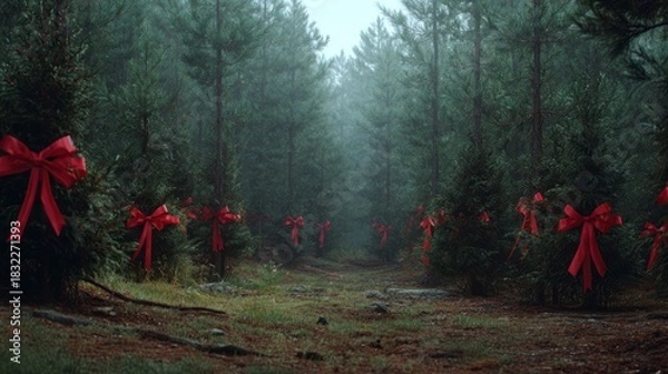 Obraz A wide, tranquil shot of a forest full of pine trees, each tree individually decorated with a single, large, red bow,