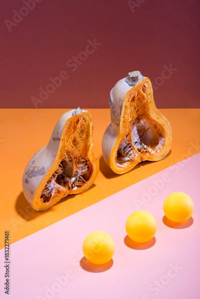 Obraz Abstract still life with a cut pumpkin and balls on a multi-colored background