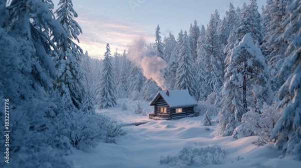 Obraz A winter forest with a cabin smoke rising from the chimney,