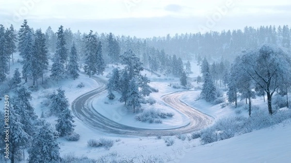 Obraz A winter landscape with a winding road through the snow,