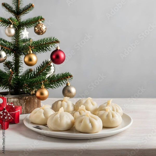 Fototapeta New Year tree made from dumplings arranged on a counter, festive minimalist background, flat lay top view with copy space