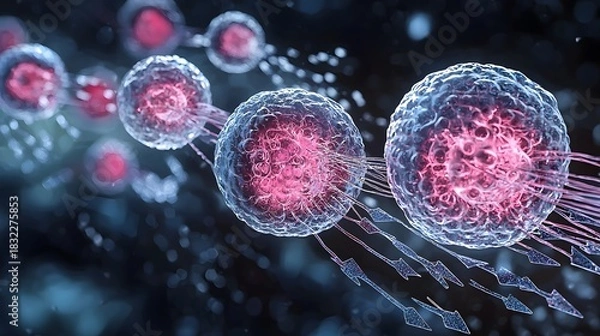 Fototapeta Scientific visualization of cells and viruses attacking cells under a microscope in a laboratory