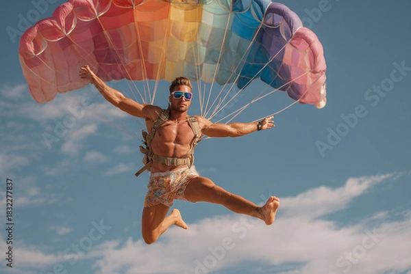 Obraz Mucular proud man parachuting with style 