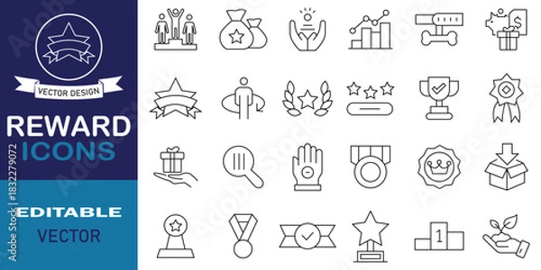 Fototapeta Reward line icon set. Including gift, trophy, recognition, badge, prize, medal, certificate, and others. Simple web line icons set. Vector illustration.