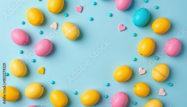 Fototapeta Colorful Easter Eggs and Small Hearts on Soft Blue Background for Spring Festivities and Celebrations