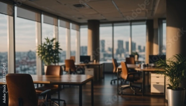 Fototapeta Modern Workspace with City Views: An expansive office space is bathed in natural light, offering stunning city views, suggesting productivity and an inviting atmosphere.