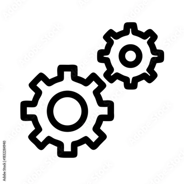 Fototapeta Two interlocked gears depicted in a simple black outline style on a white background showing movement