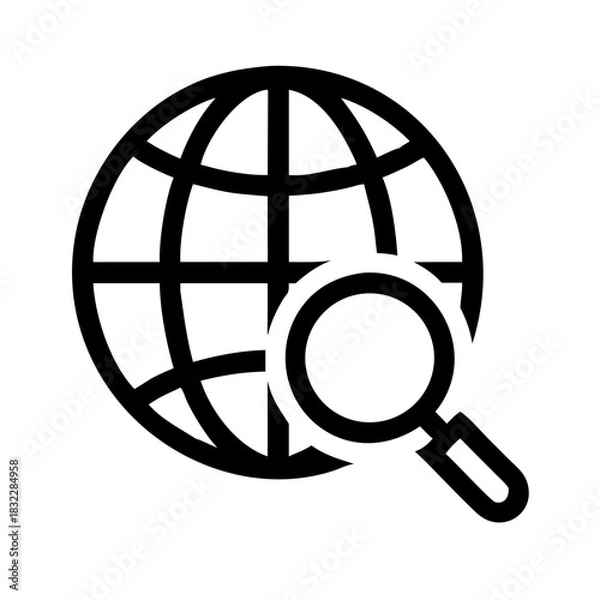 Fototapeta Globe grid with magnifying glass icon depicting international search and exploration concept design element