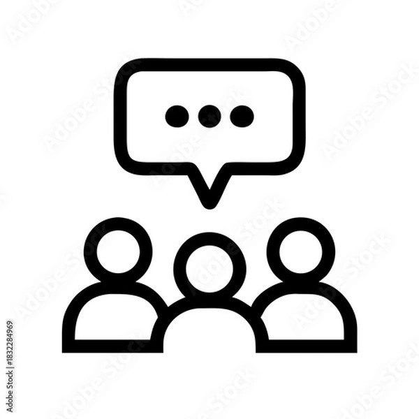 Fototapeta Three people in a group discussion with a speech bubble above them in a simple black and white icon