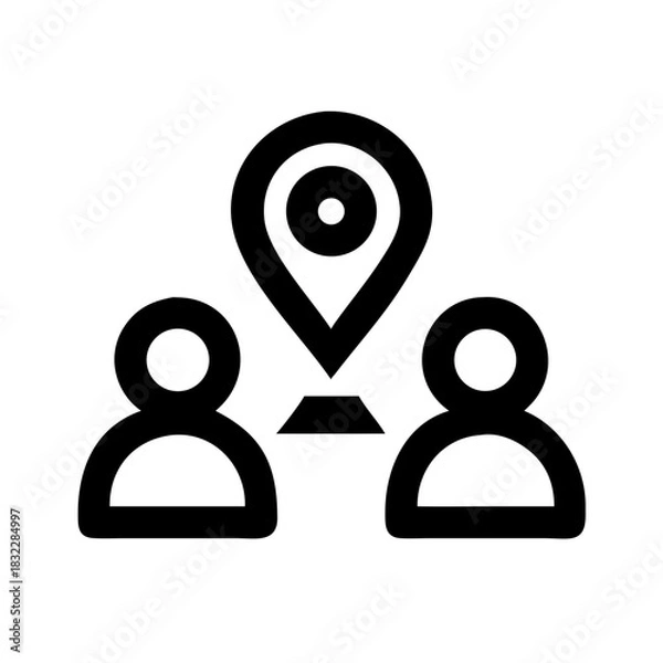 Fototapeta Icon depicting two stylized people figures with a location pin above them in black and white style