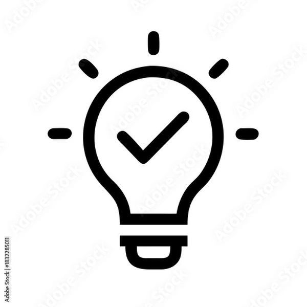 Fototapeta Black outline of a lightbulb with radiating lines and a checkmark inside signifying a bright idea