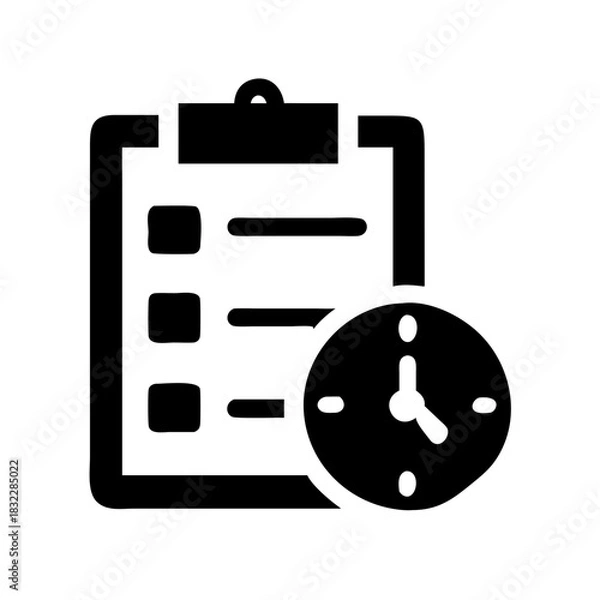 Fototapeta A black and white icon showing a clipboard with checklist items and a clock indicating time management or scheduling tasks