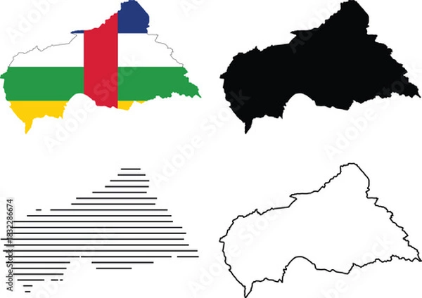 Fototapeta Central african republic map collection with flag, solid silhouette, striped pattern, and thin outline vector graphic design