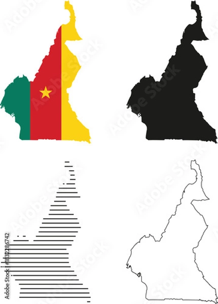 Fototapeta Cameroon map set: flag colors, solid silhouette, striped pattern, and detailed outline vector illustration